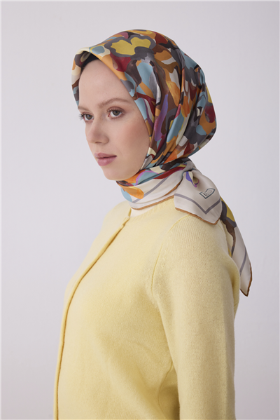 Gri Çok Renkli Çiçek Desen %100 Twill İpek Eşarp 4312-84