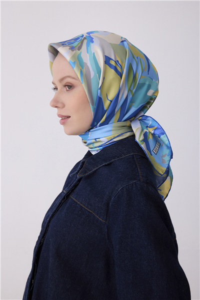 Turkuaz Çok Renkli Çiçek Desen %100 Twill İpek Eşarp 4315-83