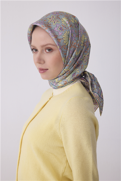Gri Çok Renkli Etnik Desen %100 Twill İpek Eşarp 4314-80