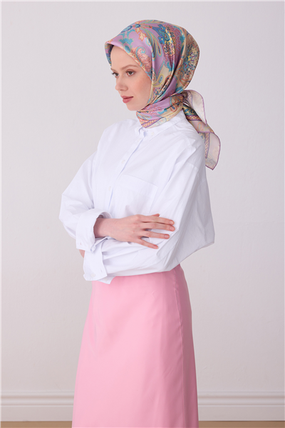 Pembe Çok Renkli Etnik Desen %100 Twill İpek Eşarp 4304-80