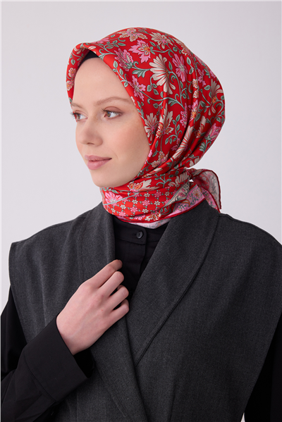 Kırmızı Çok Renkli Etnik Desen %100 Twill İpek Eşarp 4314-09