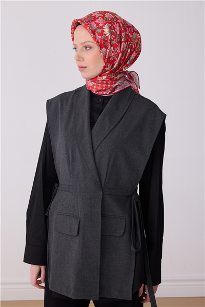 Kırmızı Çok Renkli Etnik Desen %100 Twill İpek Eşarp 4314-09