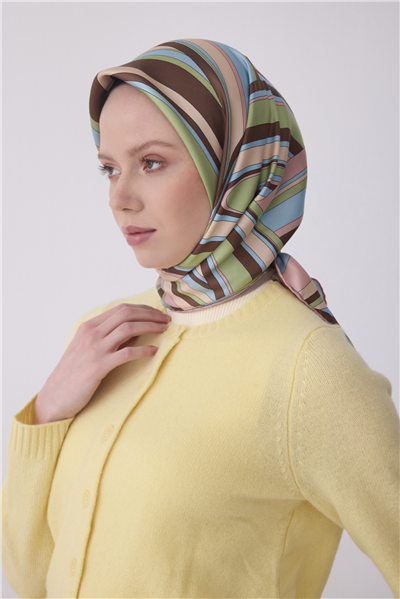 Acı Kahve Çok Renkli Geometrik Desen %100 Twill İpek Eşarp 4311-01