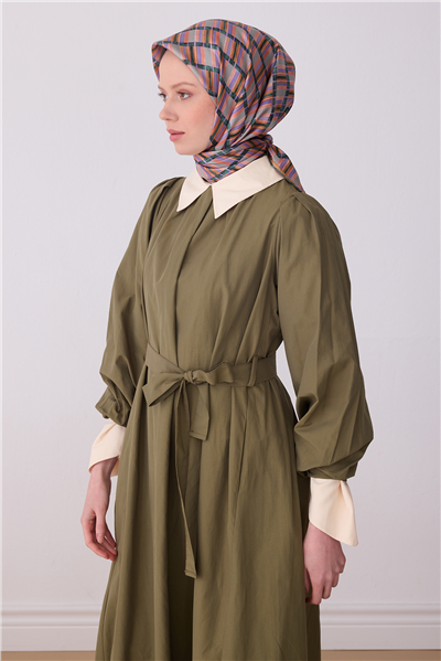 Petrol Yeşili Çok Renkli Geometrik Desen %100 Twill İpek Eşarp 4302-82