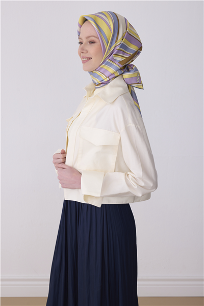 Sarı Lila Geometrik Desen %100 Twill İpek Eşarp 4311-03