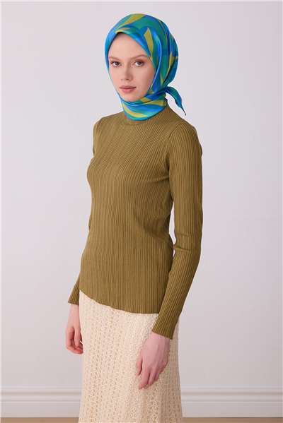 Mavi Yeşil Çok Renkli Geometrik Desen %100 Twill İpek Eşarp 4327-82