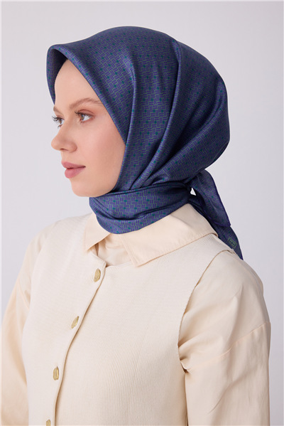Mor Mavi Klasik Desen %100 Twill İpek Eşarp 4317-87