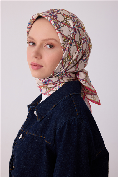 Fuşya Çok Renkli Klasik Desen %100 Twill İpek Eşarp 4328-80