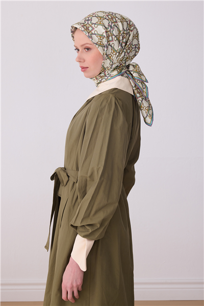 Yeşil Çok Renkli Klasik Desen %100 Twill İpek Eşarp 4328-83