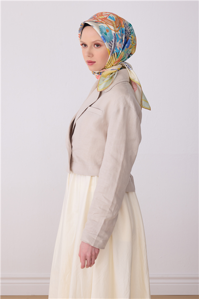 Mavi Çok Renkli Obje Desen %100 Twill İpek Eşarp 4324-81