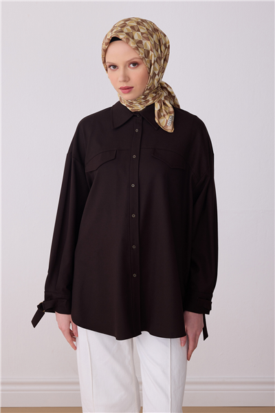 Kahve Çok Renkli Obje Desen %100 Twill İpek Eşarp 4322-81