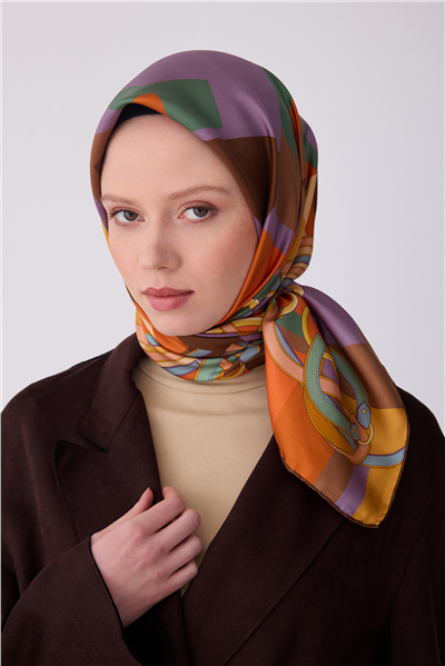 Mor Çok Renkli Obje Desen %100 Twill İpek Eşarp 4300-82