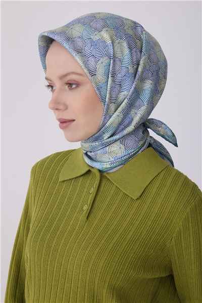 Mavi Çok Renkli Obje Desen %100 Twill İpek Eşarp 4313-51