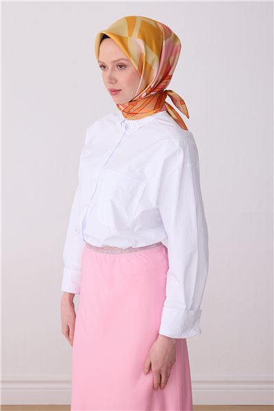 Sarı Çok Renkli Obje Desen %100 Twill İpek Eşarp 4300-50