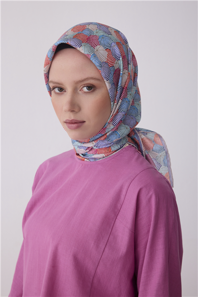 Kırmızı Çok Renkli Obje Desen %100 Twill İpek Eşarp 4313-34