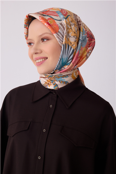 Turuncu Çok Renkli Obje Desen %100 Twill İpek Eşarp 4324-83