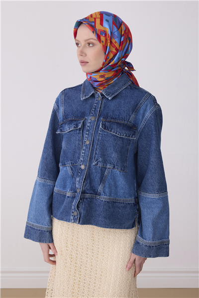 Lacivert Çok Renkli Obje Desen %100 Twill İpek Eşarp 4307-55
