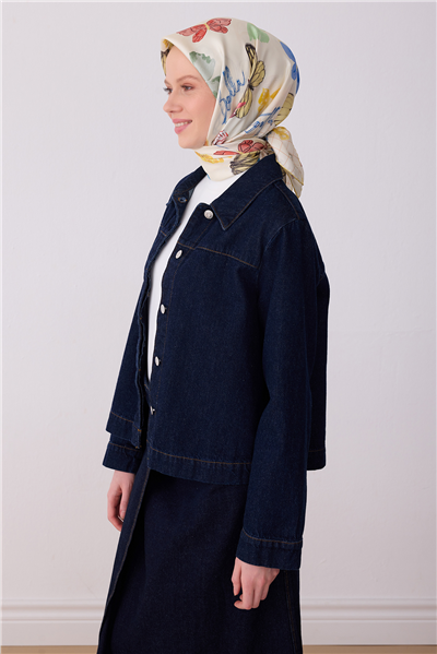 Ekru Yeşil Obje Desen %100 Twill İpek Eşarp 4329-80