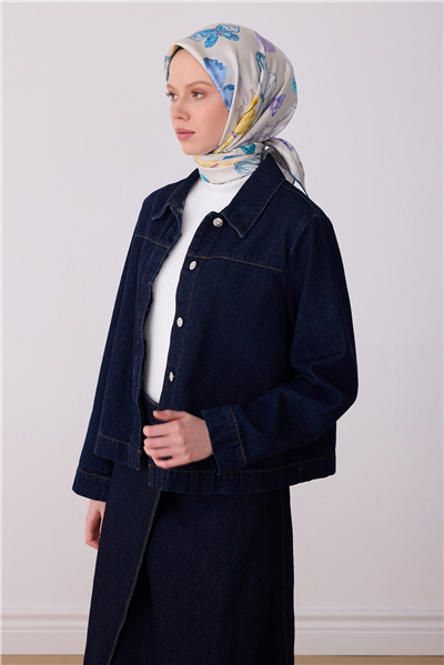Ekru Mavi Obje Desen %100 Twill İpek Eşarp 4329-51
