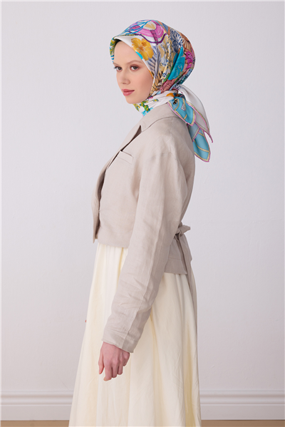 Bebe Mavisi Çok Renkli Obje Desen %100 Twill İpek Eşarp 4324-31