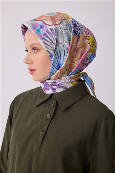 Mor Çok Renkli Obje Desen %100 Twill İpek Eşarp 4324-32