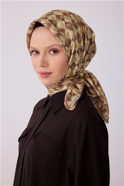 Kahve Çok Renkli Obje Desen %100 Twill İpek Eşarp 4322-81