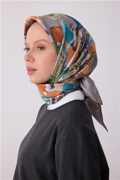 Lila Çok Renkli Soyut Desen %100 Twill İpek Eşarp 4310-55