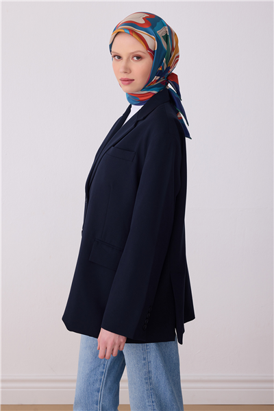 Saks Mavisi Çok Renkli Soyut Desen %100 Twill İpek Eşarp 4318-80