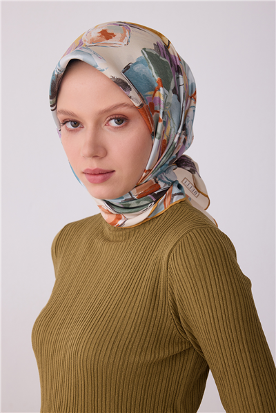 Pembe Çok Renkli Soyut Desen %100 Twill İpek Eşarp 4310-81