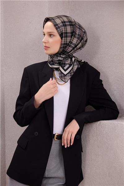 BELLİ EKOSE DESEN İPEK EŞARP 4218D (TWILL) SİYAH - 88