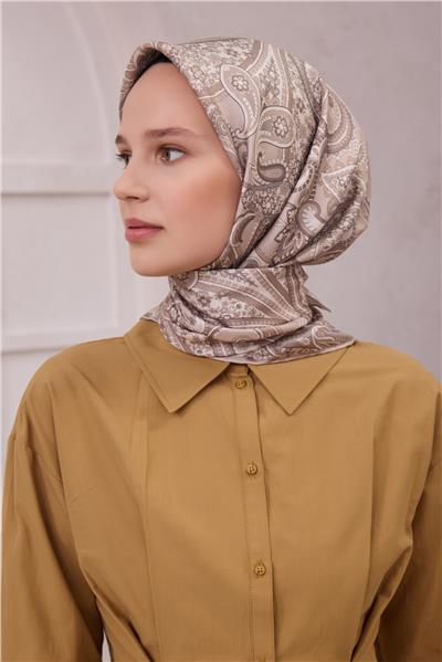 BELLİ ETNİK DESEN İPEK EŞARP 4202D (TWILL) BEJ - 02