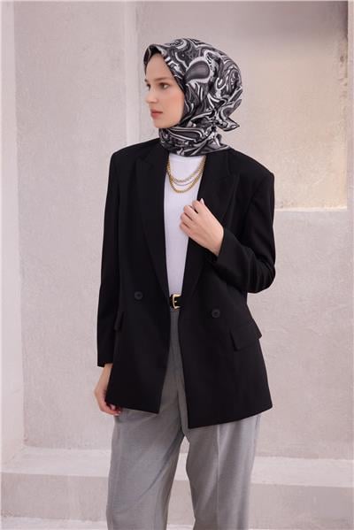 BELLİ ETNİK DESEN İPEK EŞARP 4222D (TWILL) SİYAH - 58