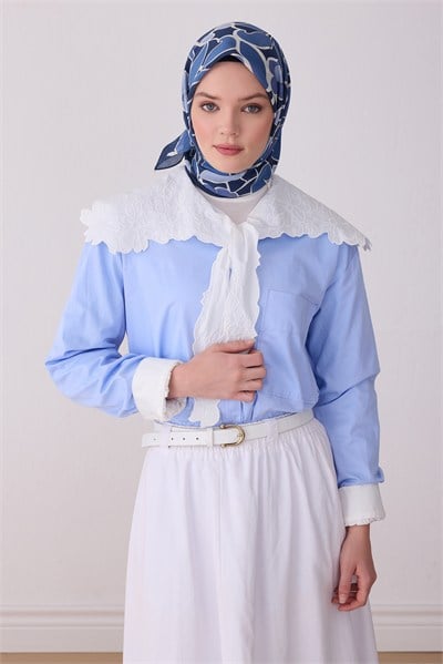 Belli Fresh İndigo Mavi Etnik Desen Vual Eşarp 3287 - 23