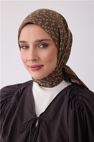 Belli Fresh Kahverengi Çiçek Desen Soft Eşarp 4001 - 35