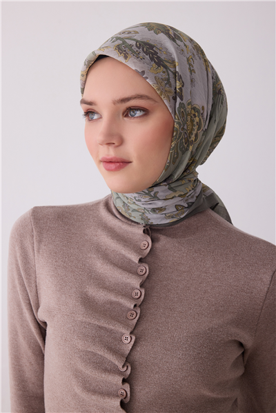 Belli Fresh Yaprak Desen Gri Haki Rozy Eşarp 3675 - 02