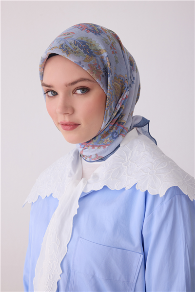 Belli Fresh Yaprak Desen Mavi Pudra Rozy Eşarp 3675 - 03