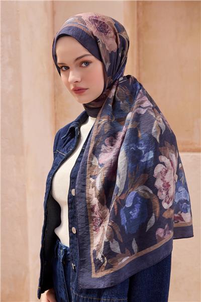 Belli Fresh Çiçek Desen Lacivert Sanda Şal 1362 - 37