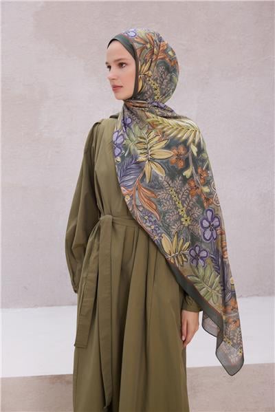 Belli Fresh Çiçek Desen Haki Gri Sarı Sandy Şal 1478 - 25