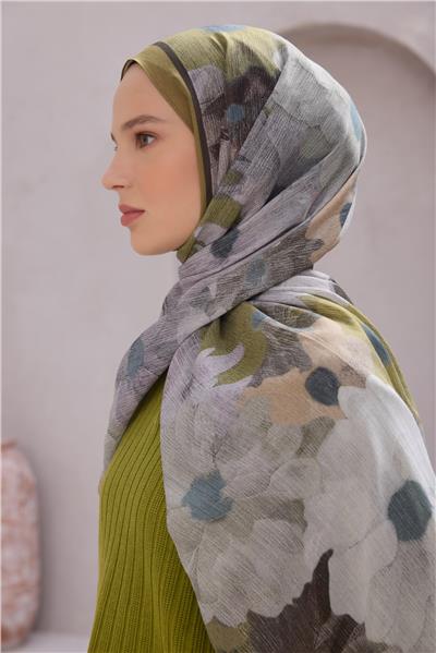 Belli Fresh Çiçek Desen Gri Haki Mavi Sandy Şal 1750 - 13