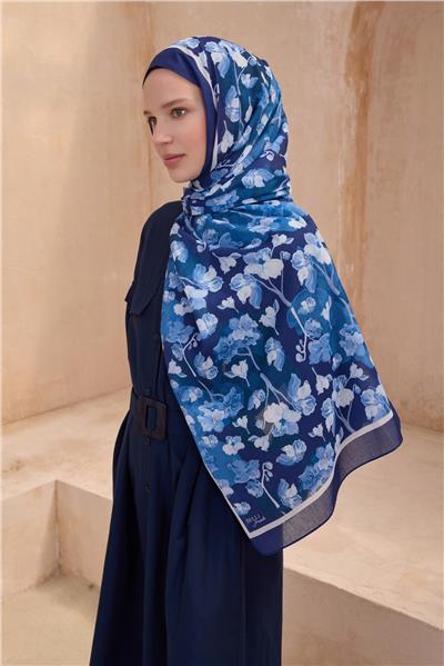 Belli Fresh Çiçek Desen Lacivert Tela Şal 4 - 03