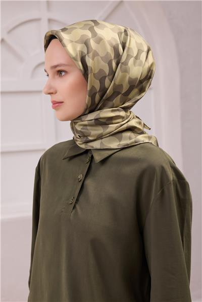 BELLİ GEOMETRİK DESEN İPEK EŞARP 4211D (TWILL) HAKİ - 53