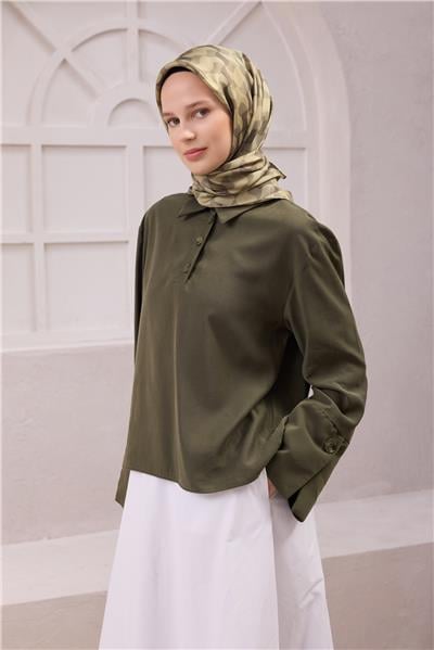 BELLİ GEOMETRİK DESEN İPEK EŞARP 4211D (TWILL) HAKİ - 53