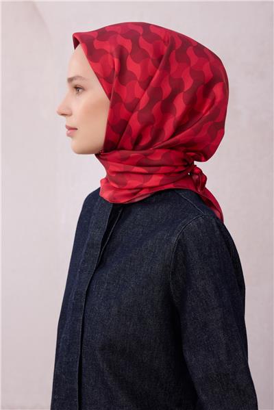 BELLİ GEOMETİK DESEN İPEK EŞARP 4211D (TWILL) KIRMIZI - 02