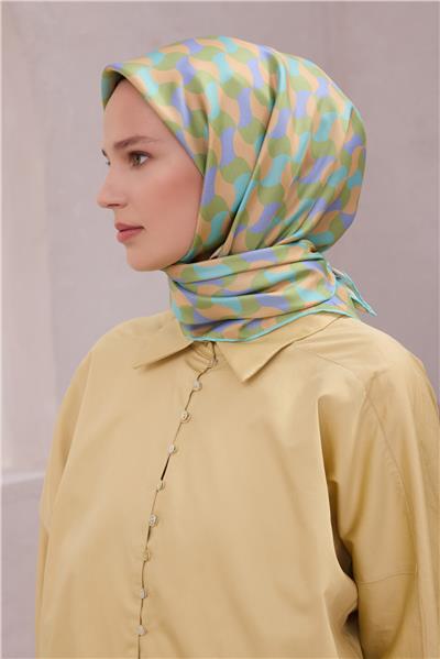 BELLİ GEOMETRİK DESEN İPEK EŞARP 4211D (TWILL) SU YEŞİLİ - 07