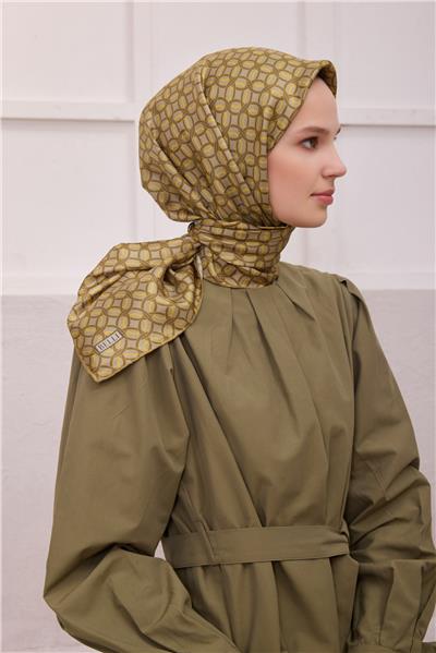 BELLİ GEOMETİK DESEN İPEK EŞARP 4215D (TWILL) HAKİ - 56