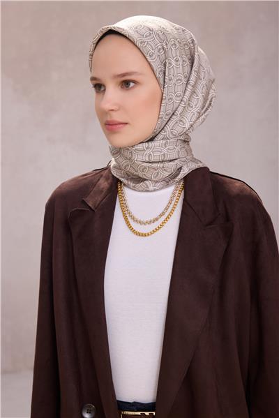 BELLİ GEOMETİK DESEN İPEK EŞARP 4215D (TWILL) BEJ - 05