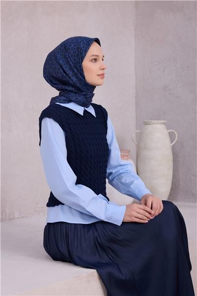 BELLİ GEOMETİK DESEN İPEK EŞARP 4215D (TWILL) LACİVERT - 60