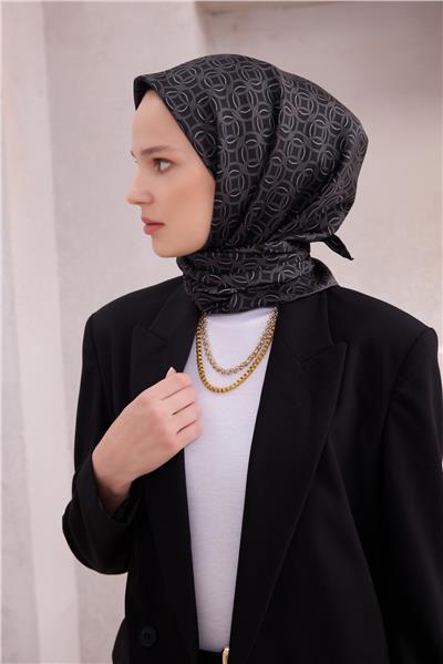 BELLİ GEOMETİK DESEN İPEK EŞARP 4215D (TWILL) ANTRASİT - 59