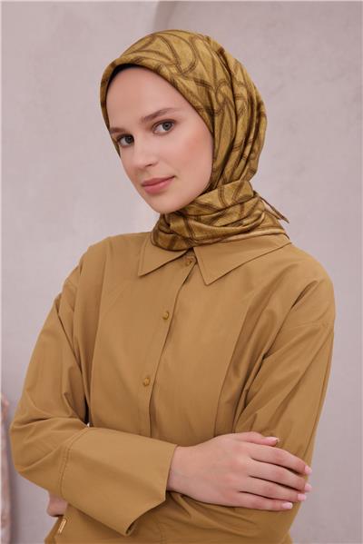 BELLİ GEOMETİK DESEN İPEK EŞARP 4221D (TWILL) HARDAL - 02