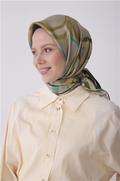 Haki Soyut Desen %100 Twill İpek Eşarp 4301-80